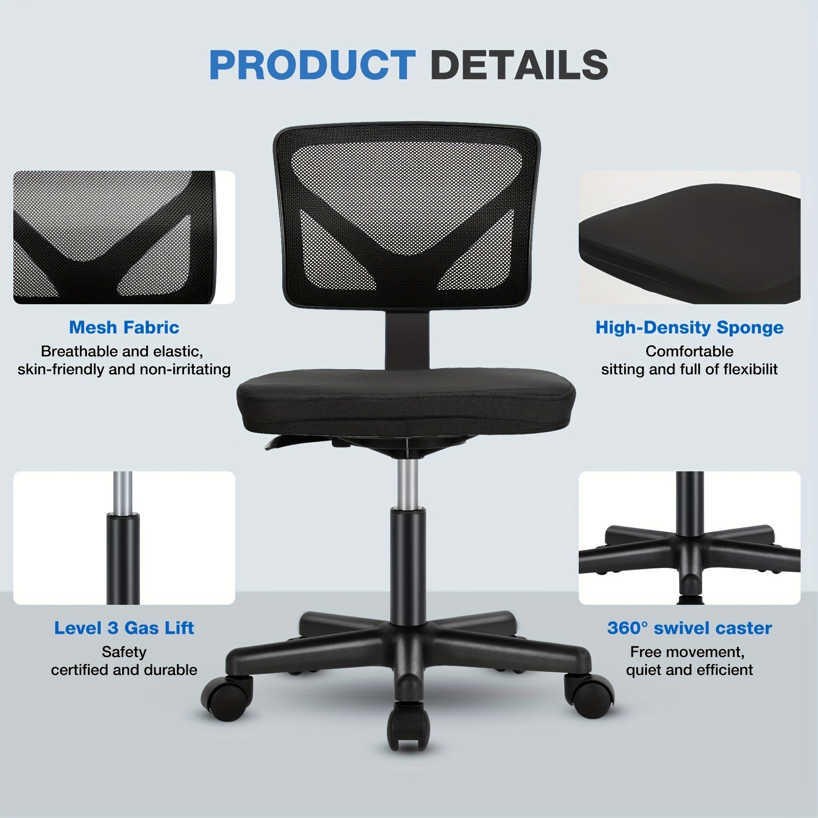 Armless Office Chair, Swivel Rolling Armless Computer Chair with Lumbar Support - Perfect for Home Office