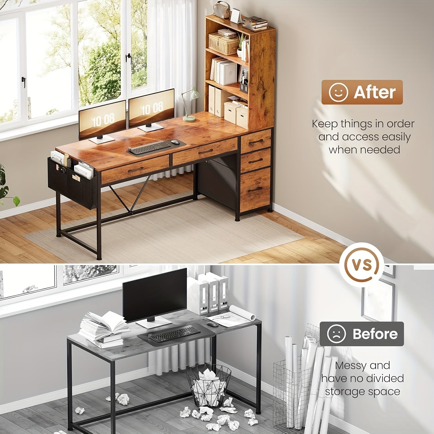 Computer Desk with LED Lights, Reversible Home Office Desk with 5 Drawers and Bookshelf