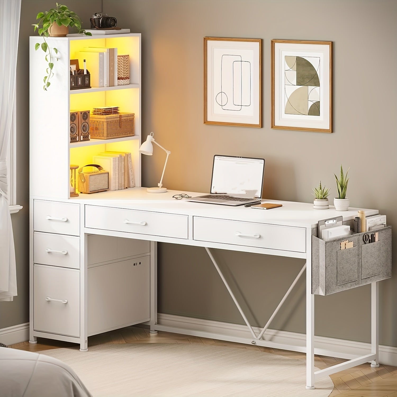 Computer Desk with LED Lights, Reversible Home Office Desk with 5 Drawers and Bookshelf