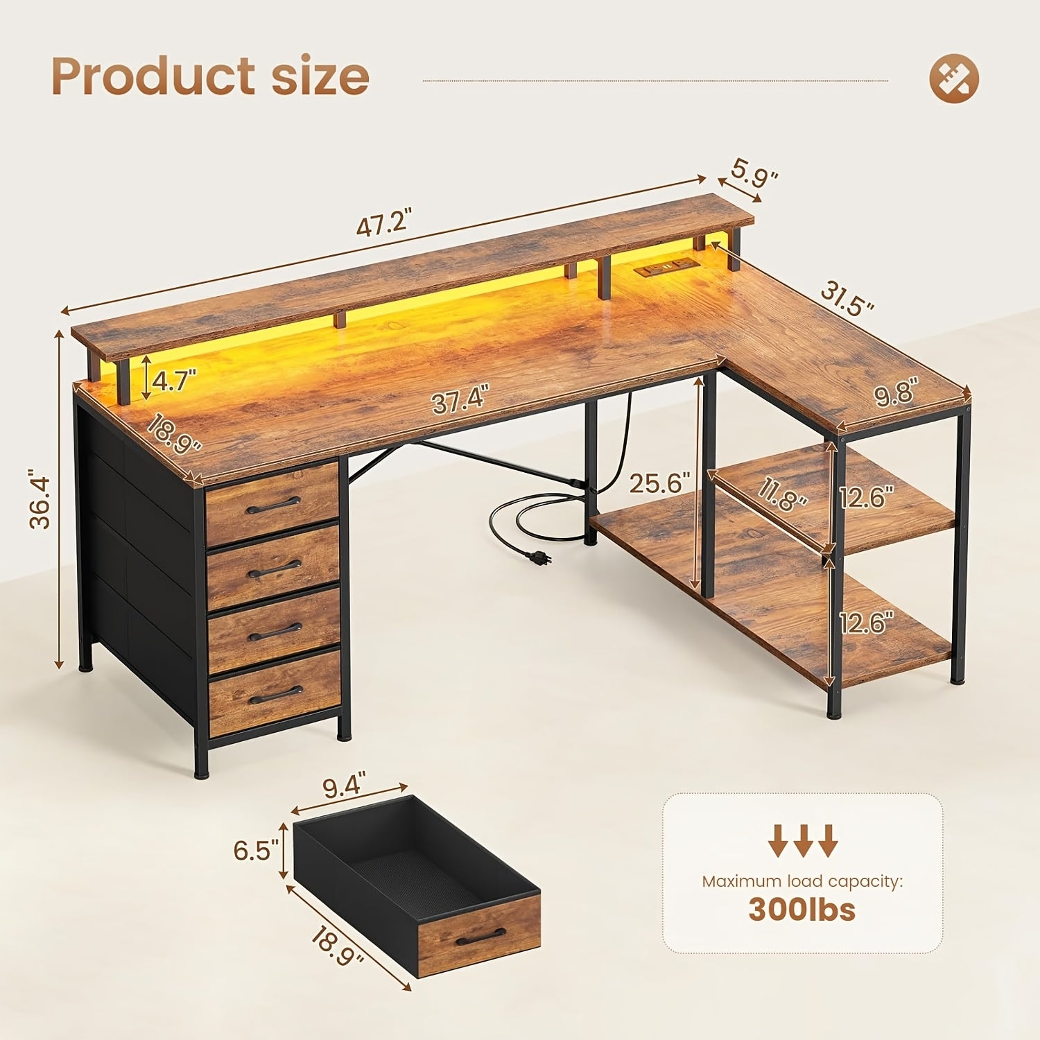L-Shaped Workstation Featuring Four Drawers, Storage Shelves, And LED Lighting, Suitable for a Home Office