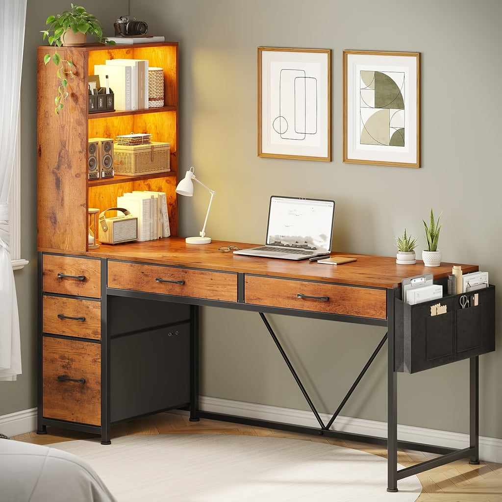 Computer Desk with LED Lights, Reversible Home Office Desk with 5 Drawers and Bookshelf