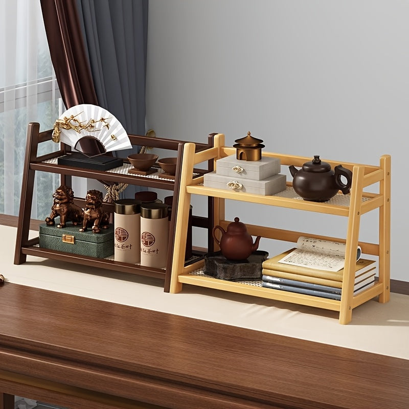 Two-Tier Wooden Storage Rack | Trapezoidal Desktop Organizer, Multipurpose Countertop Shelf for Kitchen