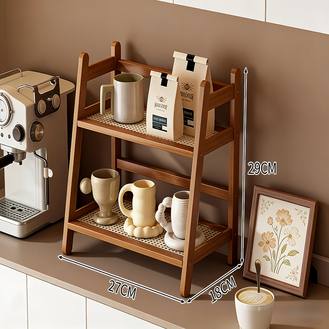 2\u002F3Tier Bamboo Countertop Organizer, Vintage Cream&Bohemian Style Trapezoidal Storage Rack