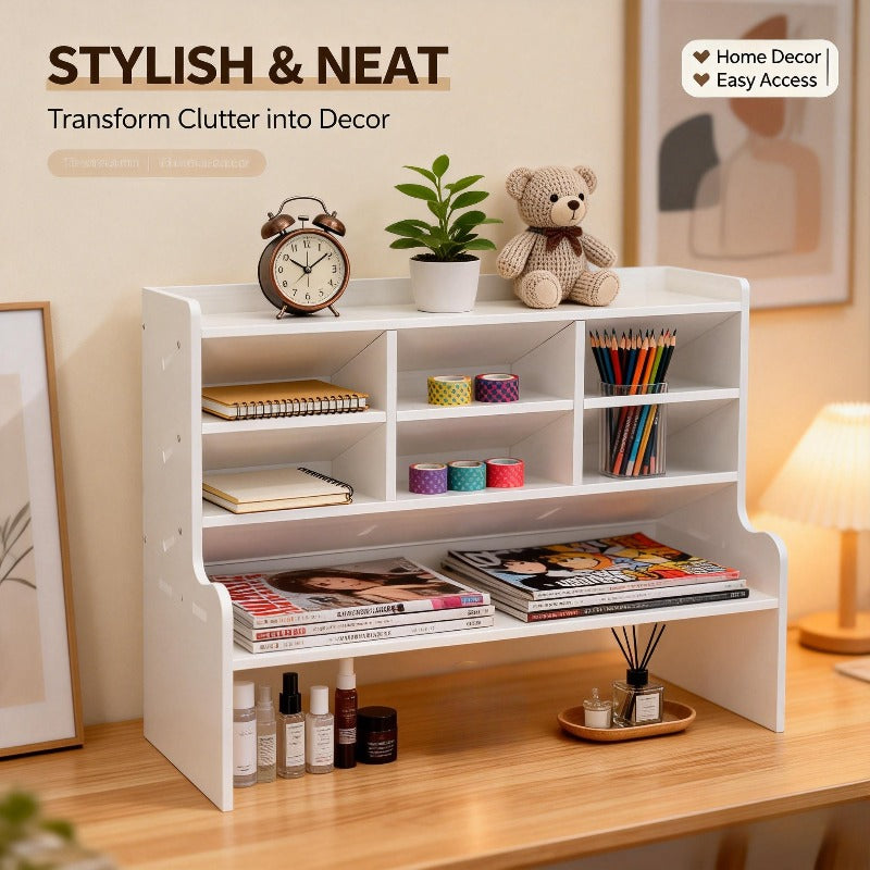 6-Tier Desktop Organizer with Tilting Pen Holder & Raised Bookshelf - Heavy-Duty PVC