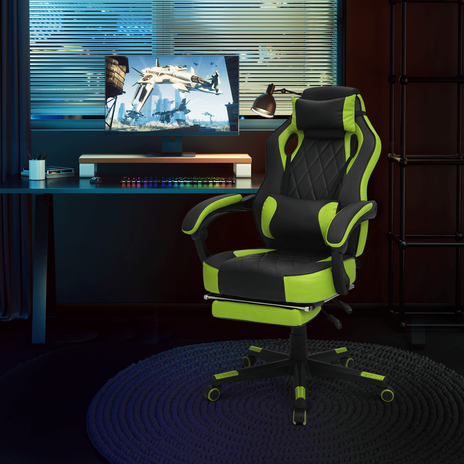Ergonomic Gaming Chair with Retractable Footrest & Detachable Lumbar Support 360