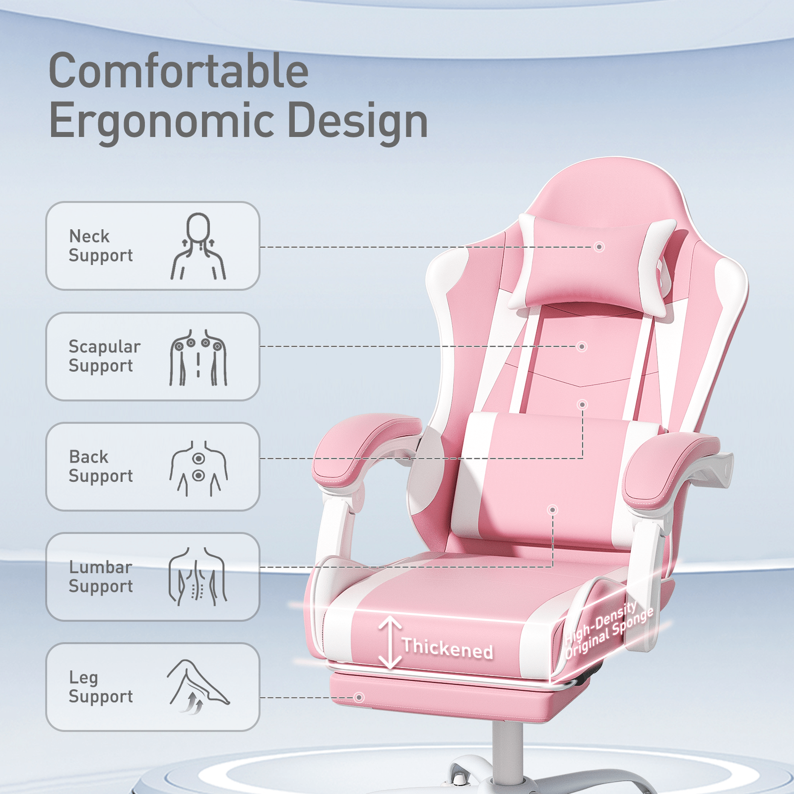 Ergonomic Gaming Chair with Retractable Footrest & Detachable Lumbar Support 360
