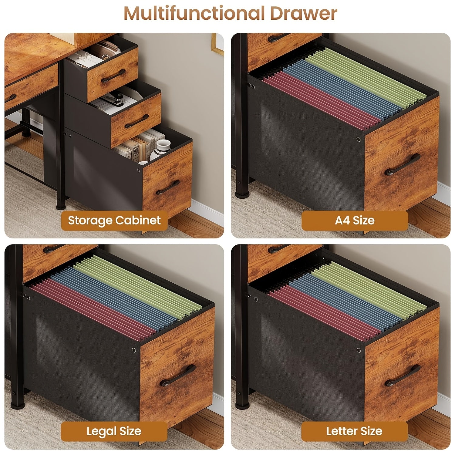 Computer Desk with LED Lights, Reversible Home Office Desk with 5 Drawers and Bookshelf