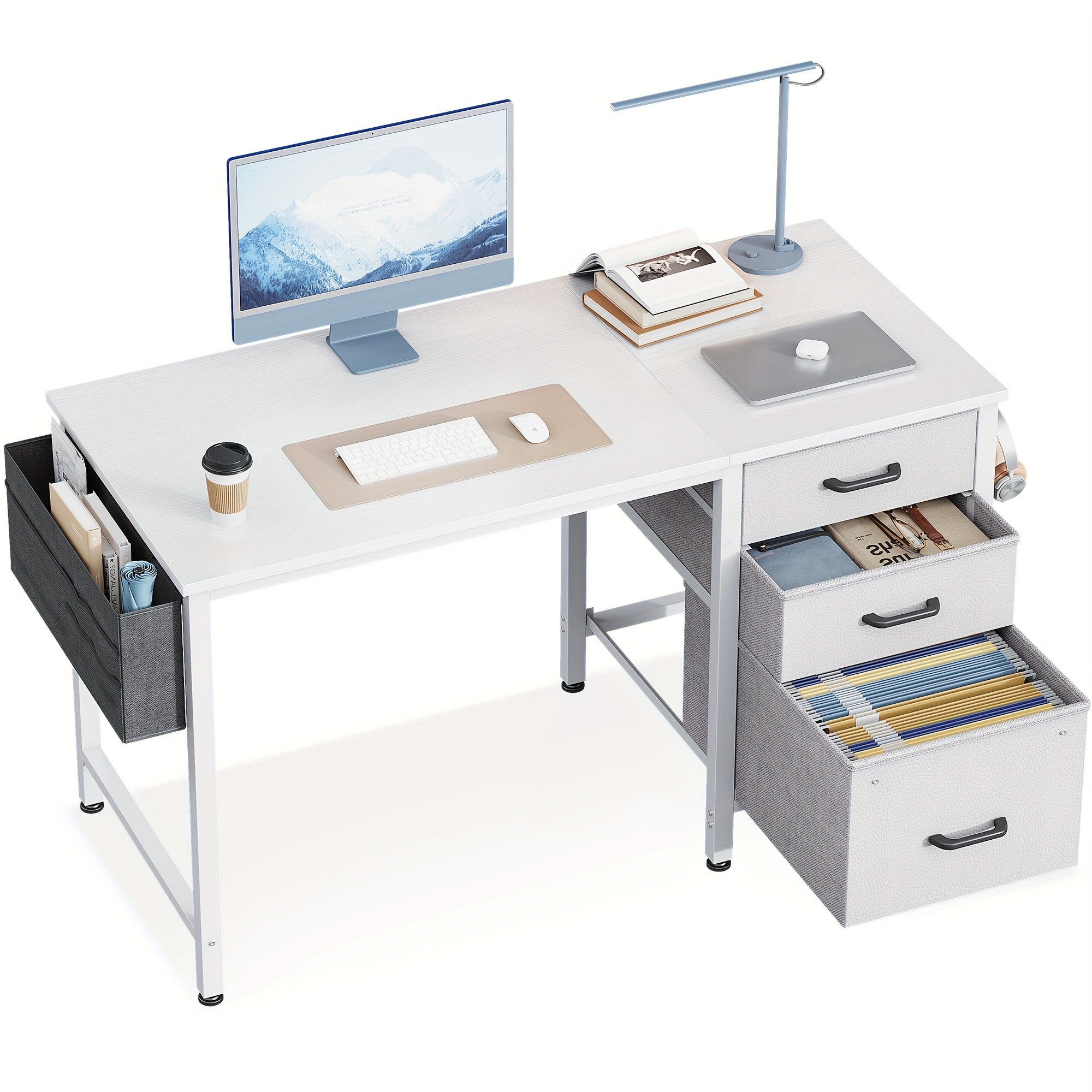 Compact Home Office Desk Featuring 3 Fabric Drawers And a Filing Cabinet