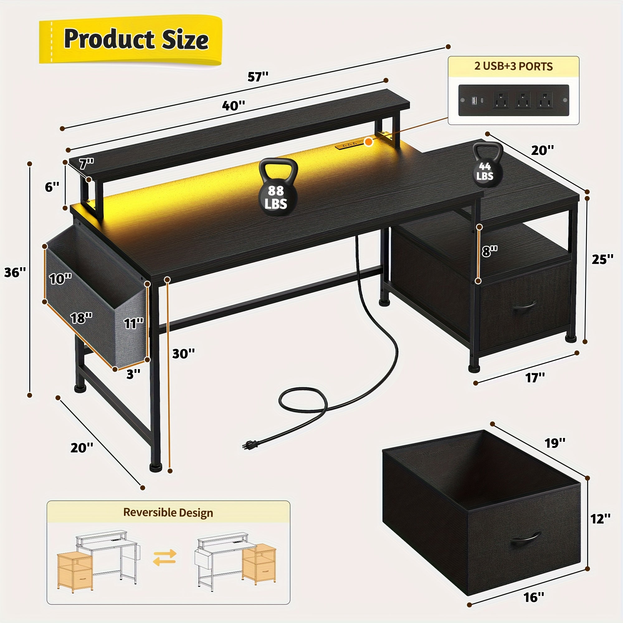 EnHomee 57-inch Computer Desk with Power Outlets & Ports