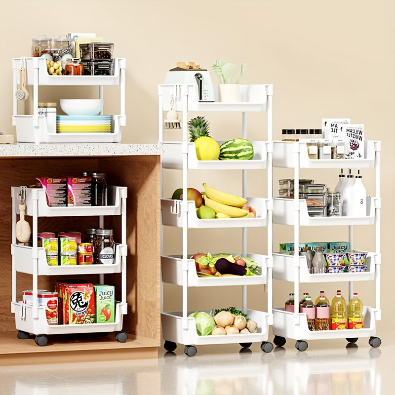 3\u002F4\u002F5-Tier White Rolling Storage Cart with Wheels - Durable Plastic Mobile Organizer Rack