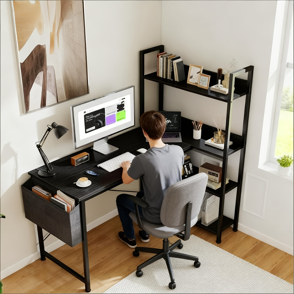47 Inch Computer L Shaped Desk with Shelves | Reversible L-Shaped Corner Desks with Storage Monitor Stand