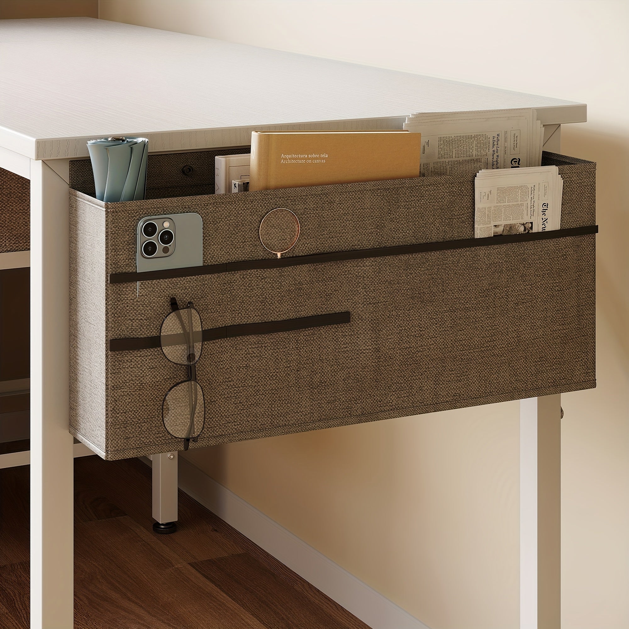 Compact Home Office Desk Featuring 3 Fabric Drawers And a Filing Cabinet