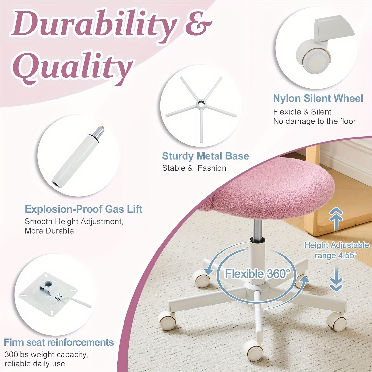 1pc Teddy Flannel Adjustable Rolling Swivel Chair | Comfy Small Office Chair with Wheels