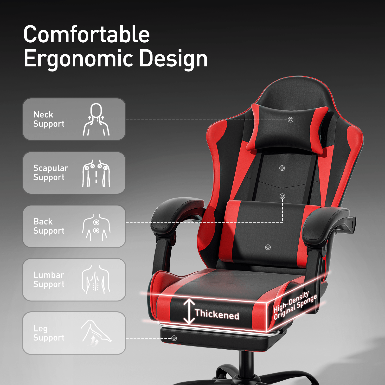 Ergonomic Gaming Chair with Retractable Footrest & Detachable Lumbar Support 360