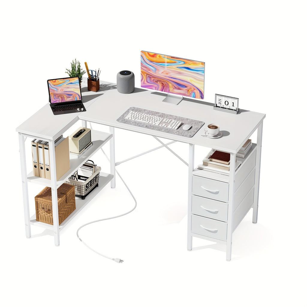 3 Cloth Drawer L-shaped Corner Desk with Power Supply Home Office  Industrial Style Table Multi-layer Storage Rack Space-saving Design