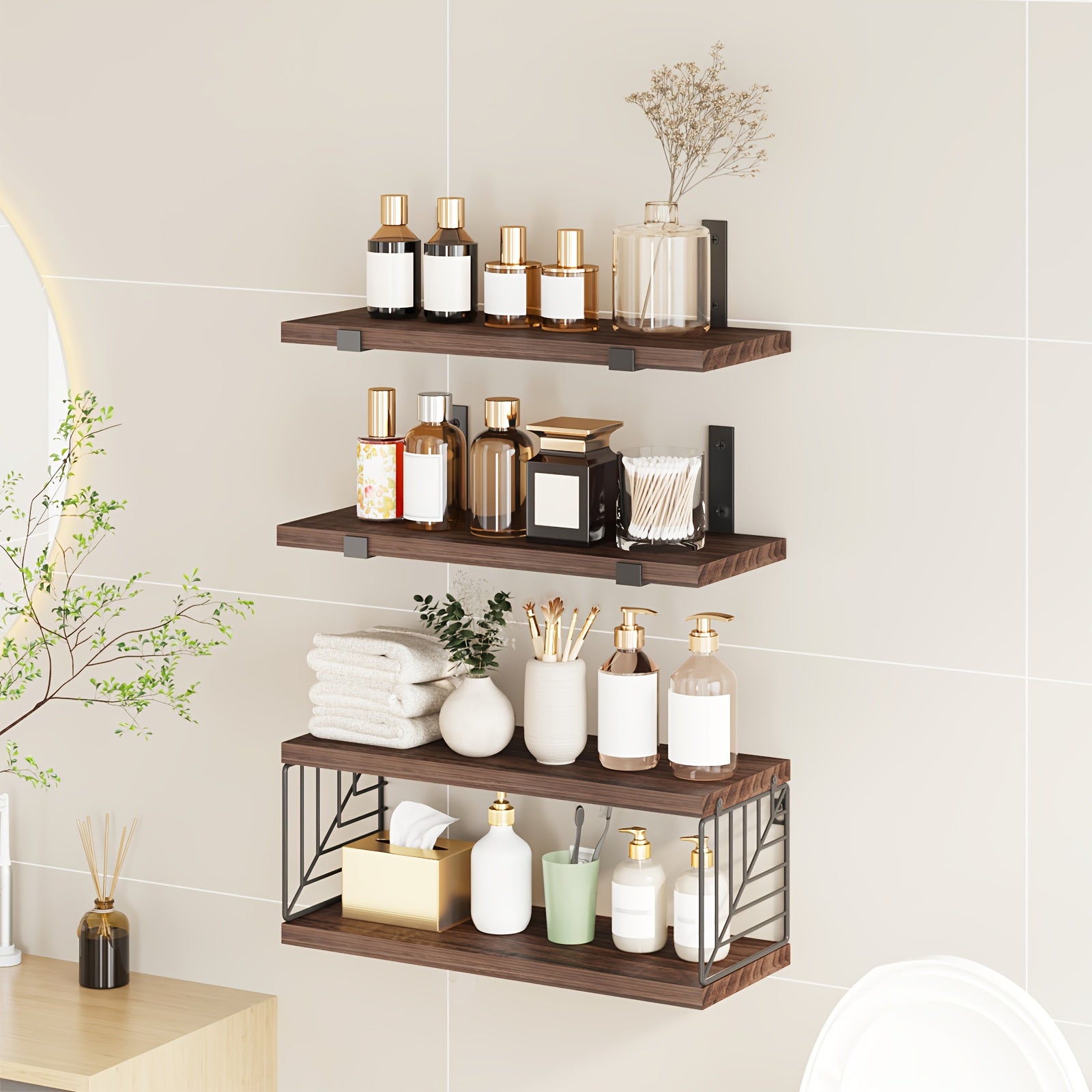 TOMNK 3+1 Tier Bathroom Floating Shelves Over Toilet, Farmhouse Rustic Wood Shelves
