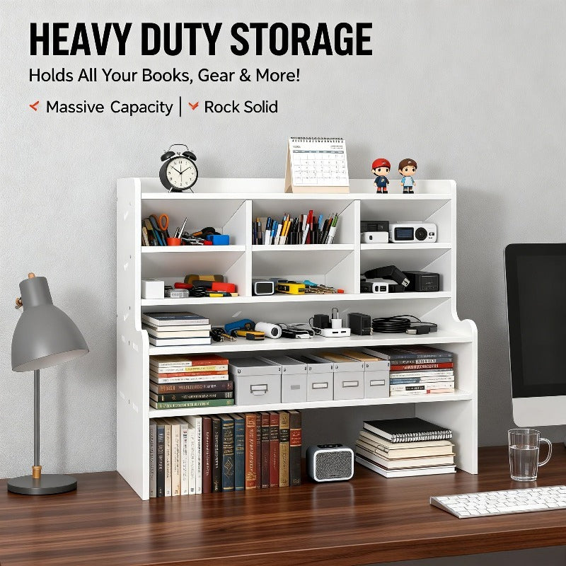 6-Tier Desktop Organizer with Tilting Pen Holder & Raised Bookshelf - Heavy-Duty PVC