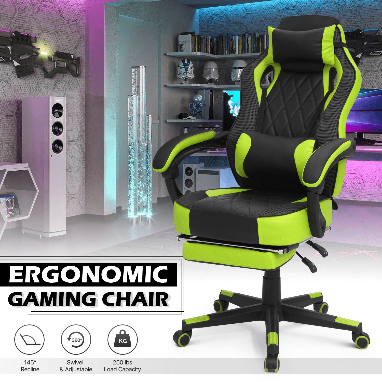Ergonomic Gaming Chair with Retractable Footrest & Detachable Lumbar Support 360