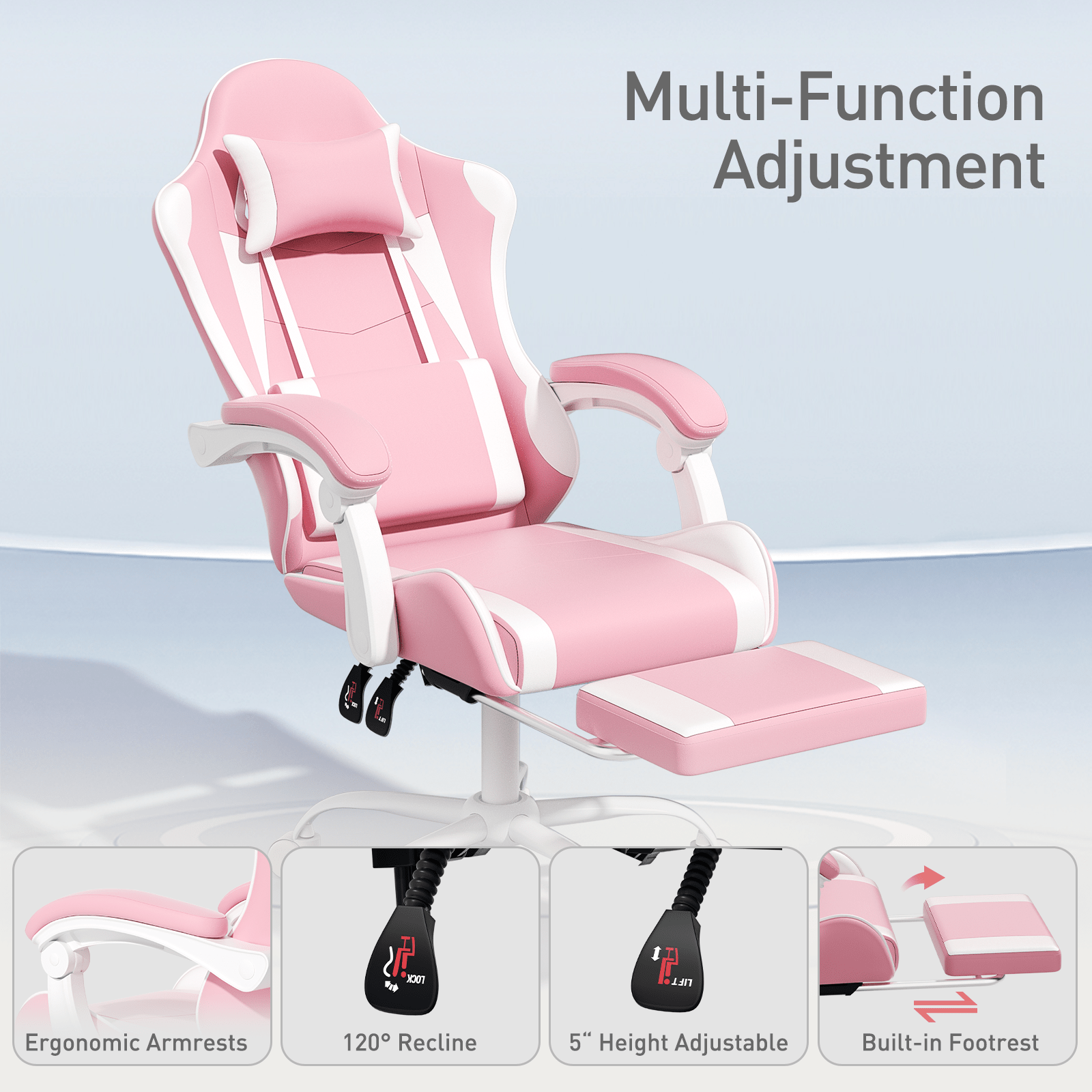 Ergonomic Gaming Chair with Retractable Footrest & Detachable Lumbar Support 360