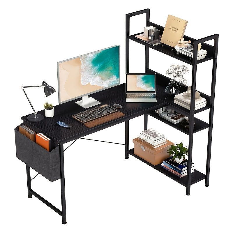47 Inch Computer L Shaped Desk with Shelves | Reversible L-Shaped Corner Desks with Storage Monitor Stand
