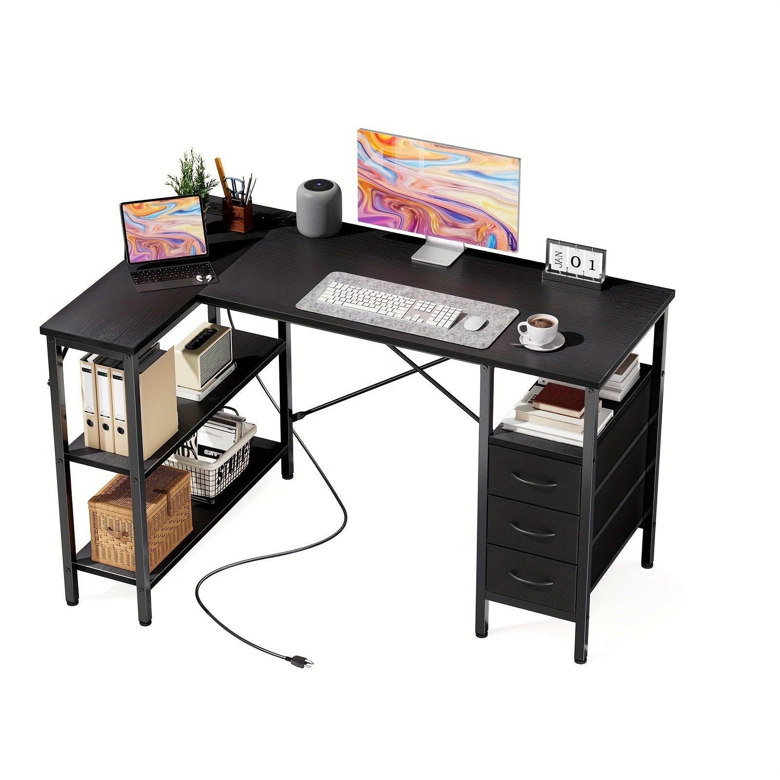 3 Cloth Drawer L-shaped Corner Desk with Power Supply Home Office