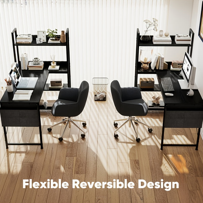 47 Inch Computer L Shaped Desk with Shelves | Reversible L-Shaped Corner Desks with Storage Monitor Stand