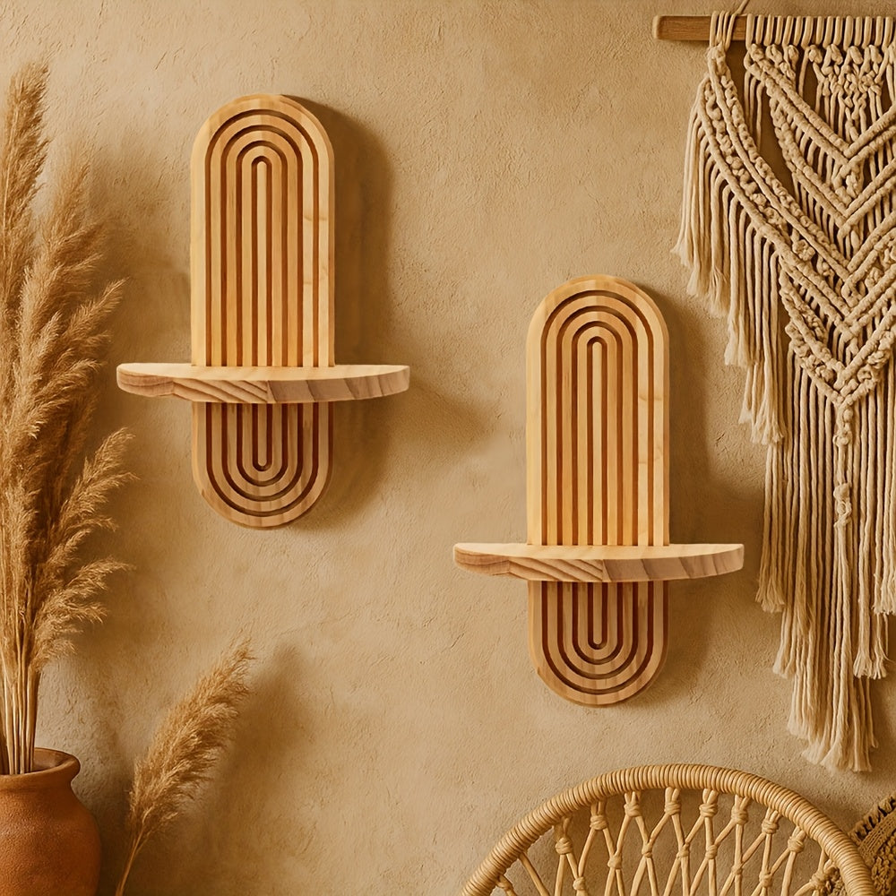 2pcs Bohemian Wooden Wall Shelves - Minimalist Scandinavian Style Floating Shelves with Natural Wood Finish