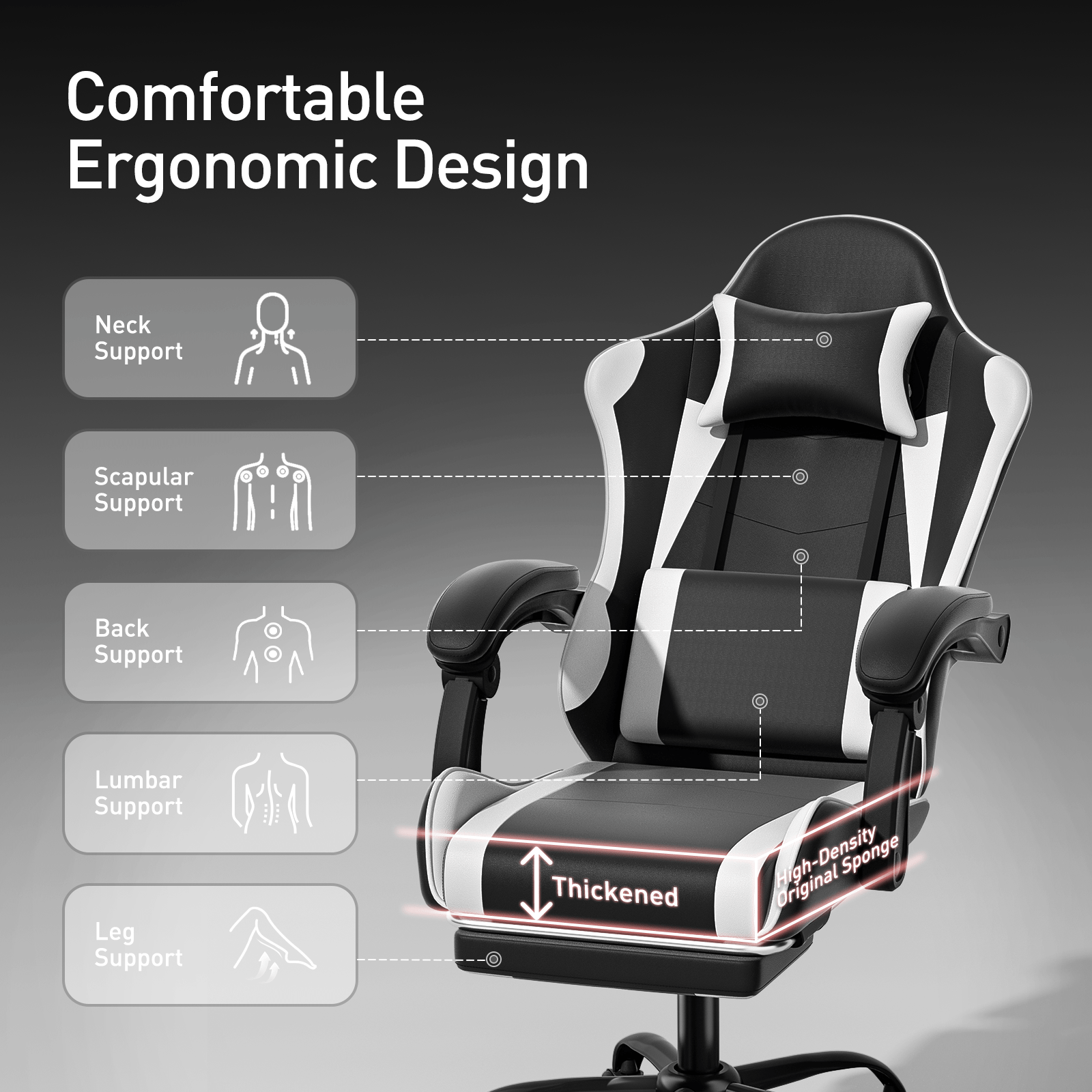 Ergonomic Gaming Chair with Retractable Footrest & Detachable Lumbar Support 360