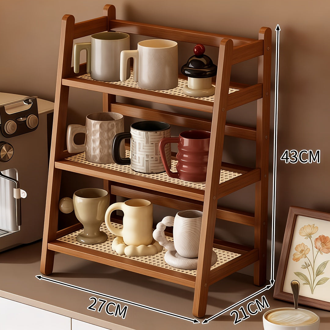 2\u002F3Tier Bamboo Countertop Organizer, Vintage Cream&Bohemian Style Trapezoidal Storage Rack