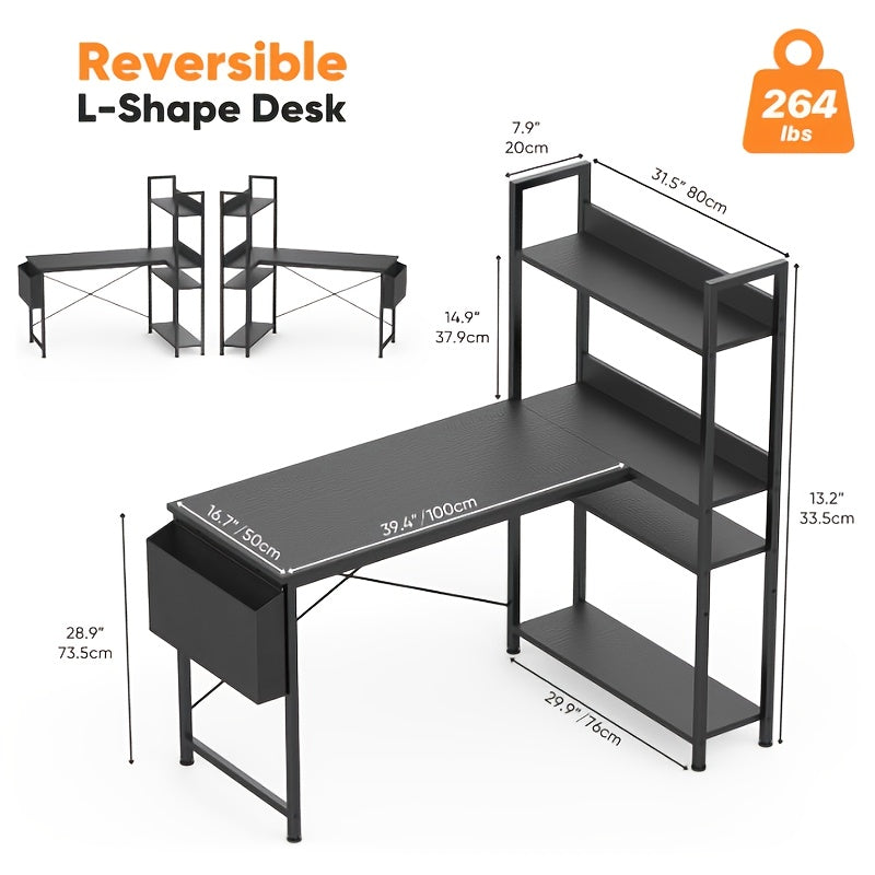 47 Inch Computer L Shaped Desk with Shelves | Reversible L-Shaped Corner Desks with Storage Monitor Stand