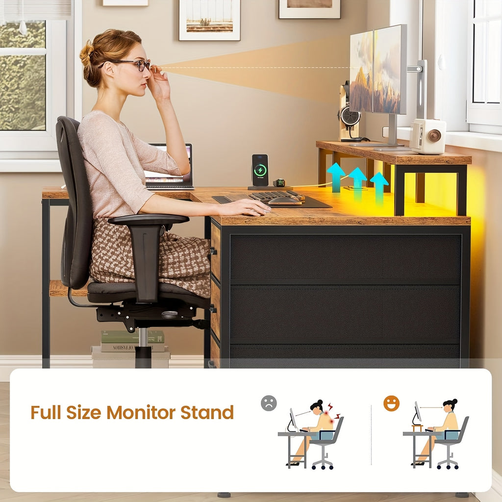 L-Shaped Workstation Featuring Four Drawers, Storage Shelves, And LED Lighting, Suitable for a Home Office