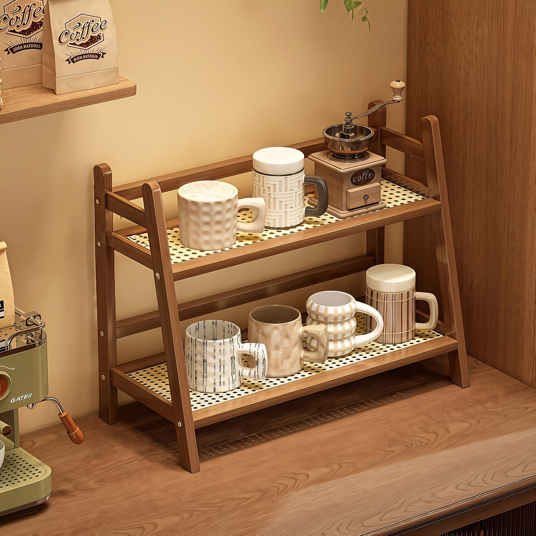 2\u002F3Tier Bamboo Countertop Organizer, Vintage Cream&Bohemian Style Trapezoidal Storage Rack