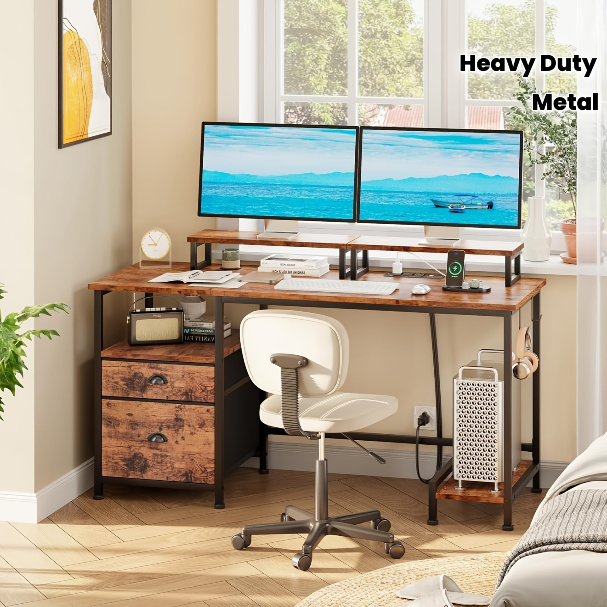 47-inch Computer Desk with Power Outlets & File Cabinet