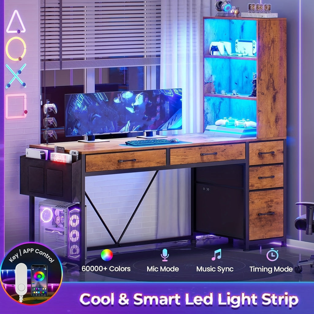 Computer Desk with LED Lights, Reversible Home Office Desk with 5 Drawers and Bookshelf