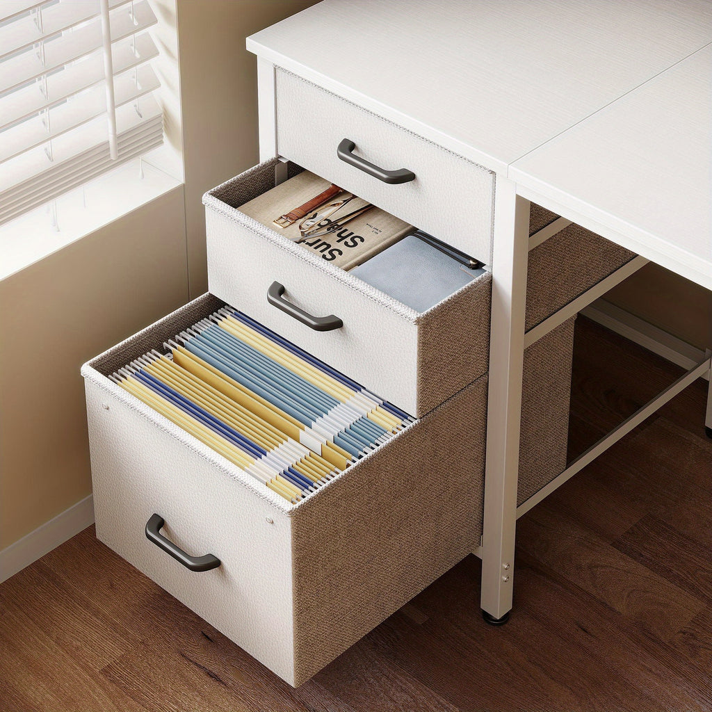 Compact Home Office Desk Featuring 3 Fabric Drawers And a Filing Cabinet