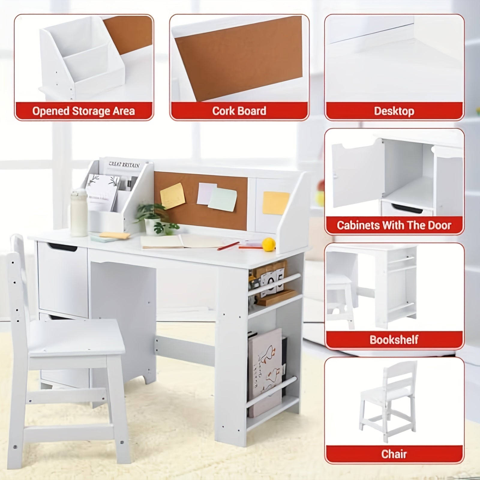 GAOMON Study Desk And Chair Set, Wooden School Learning Table With Storage