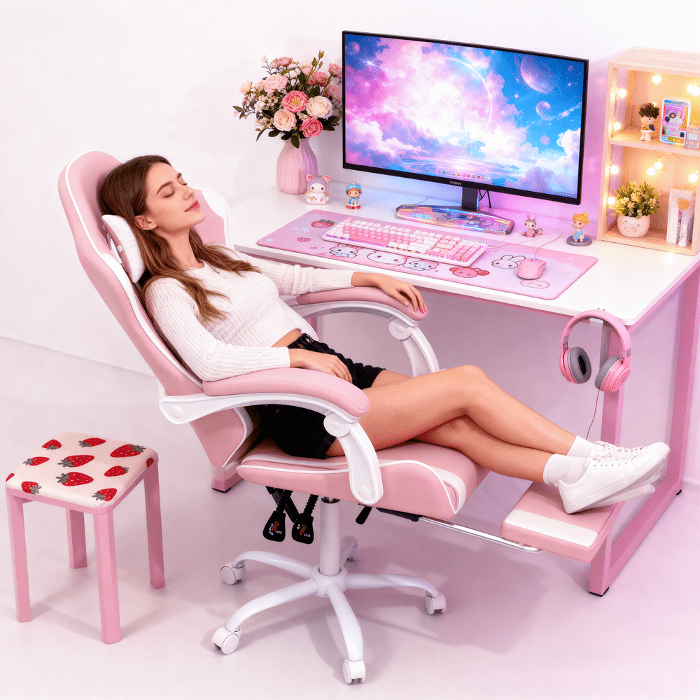 Ergonomic Gaming Chair with Retractable Footrest & Detachable Lumbar Support 360