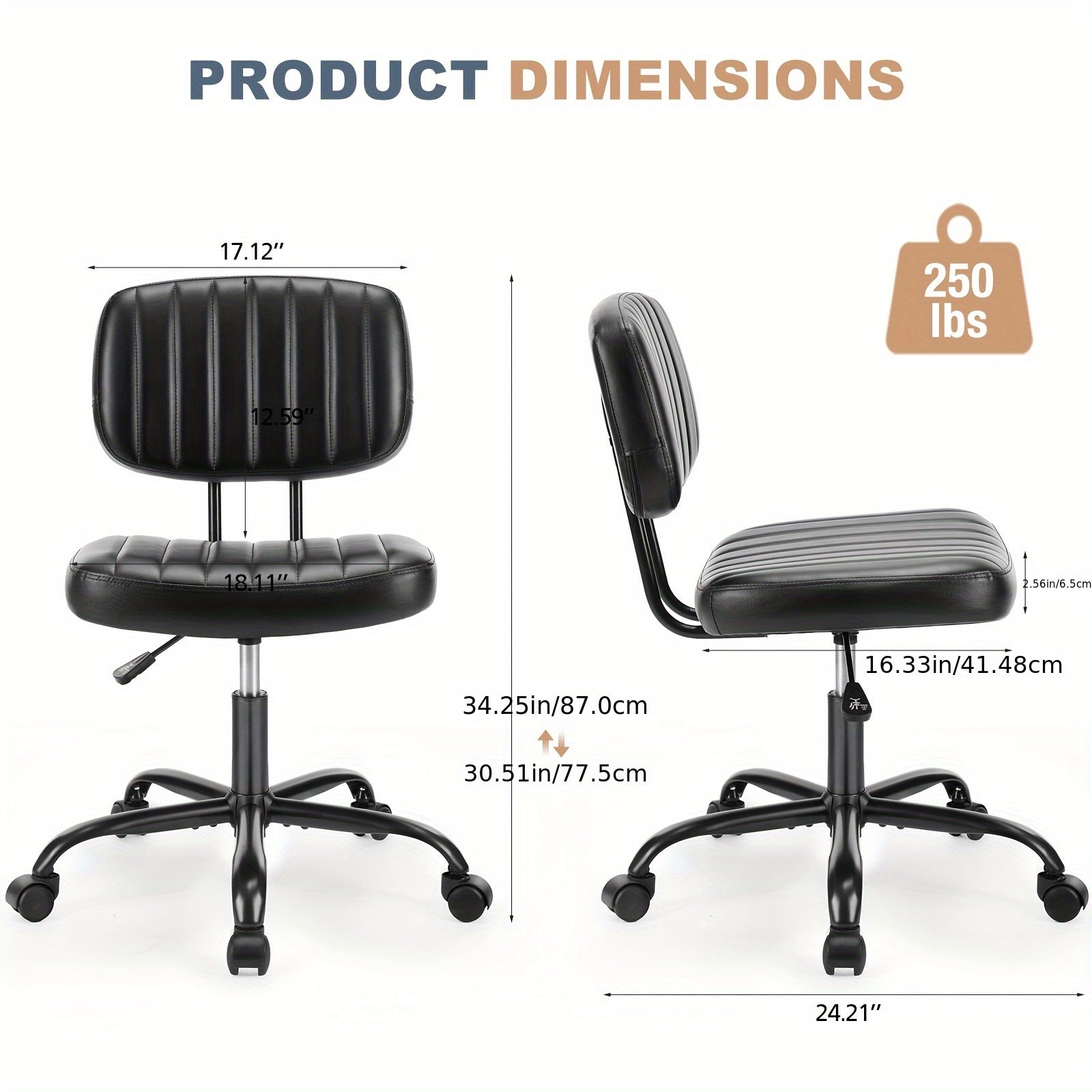 Small Desk Chair Armless, Comfortable Office Chair with Wheels, Rolling Task Chair with Low Back Lumbar Support