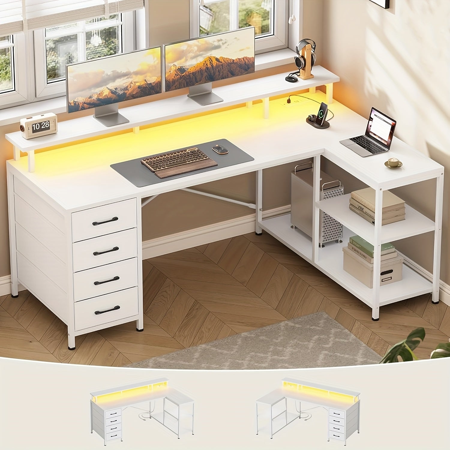L-Shaped Workstation Featuring Four Drawers, Storage Shelves, And LED Lighting, Suitable for a Home Office