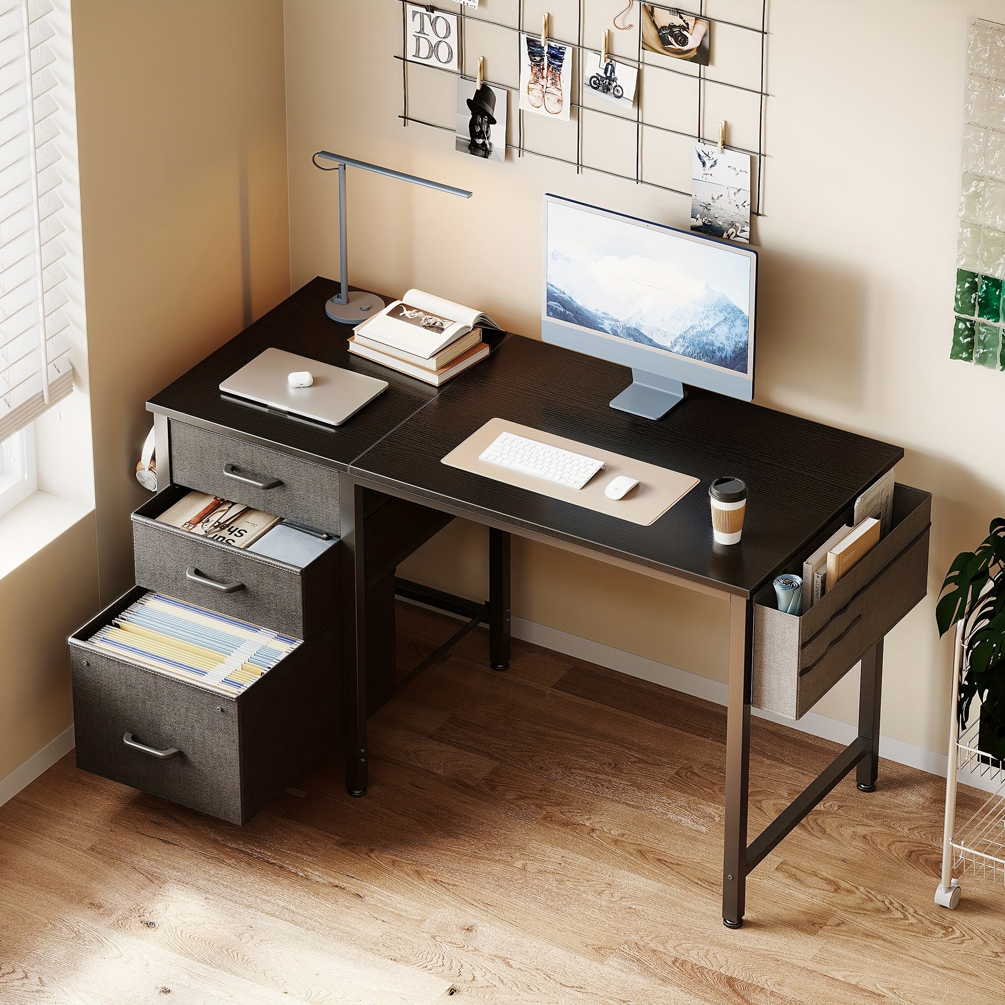 Compact Home Office Desk Featuring 3 Fabric Drawers And a Filing Cabinet