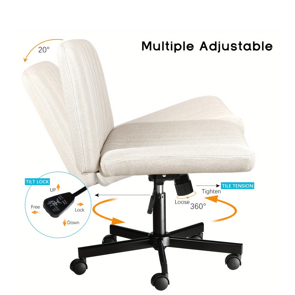 Criss Cross Chair with Wheels, Fabric Padded Armless Cross Legged Office Desk Chair for Home Office