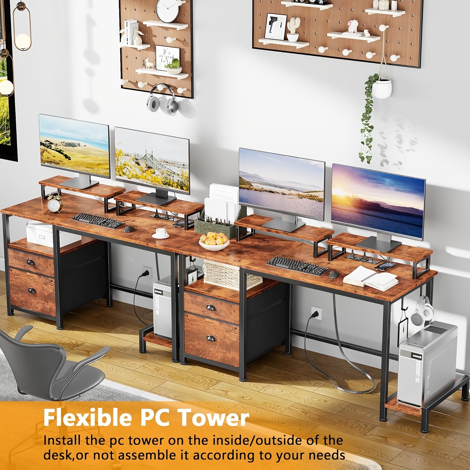 47-inch Computer Desk with Power Outlets & File Cabinet