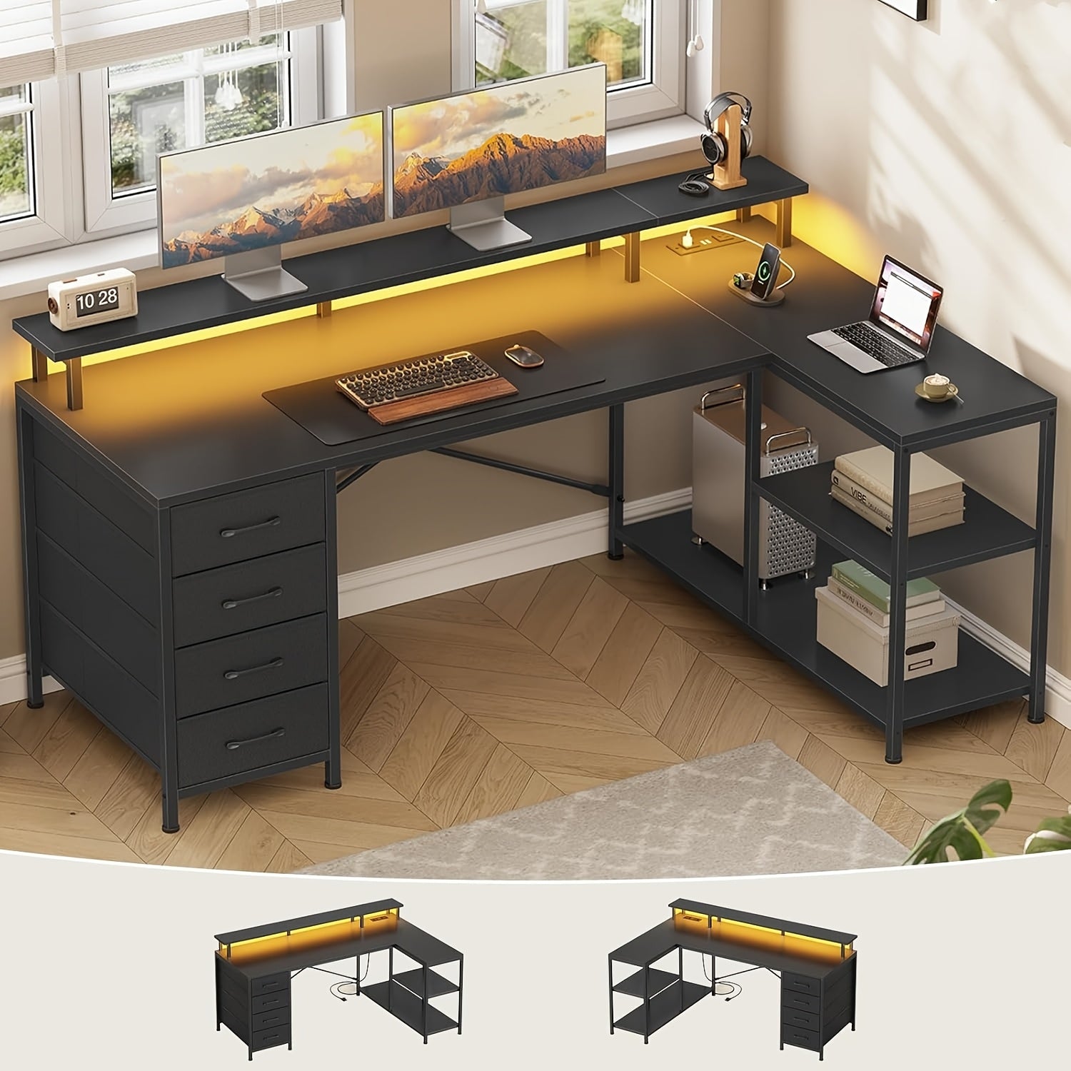 L-Shaped Workstation Featuring Four Drawers, Storage Shelves, And LED Lighting, Suitable for a Home Office