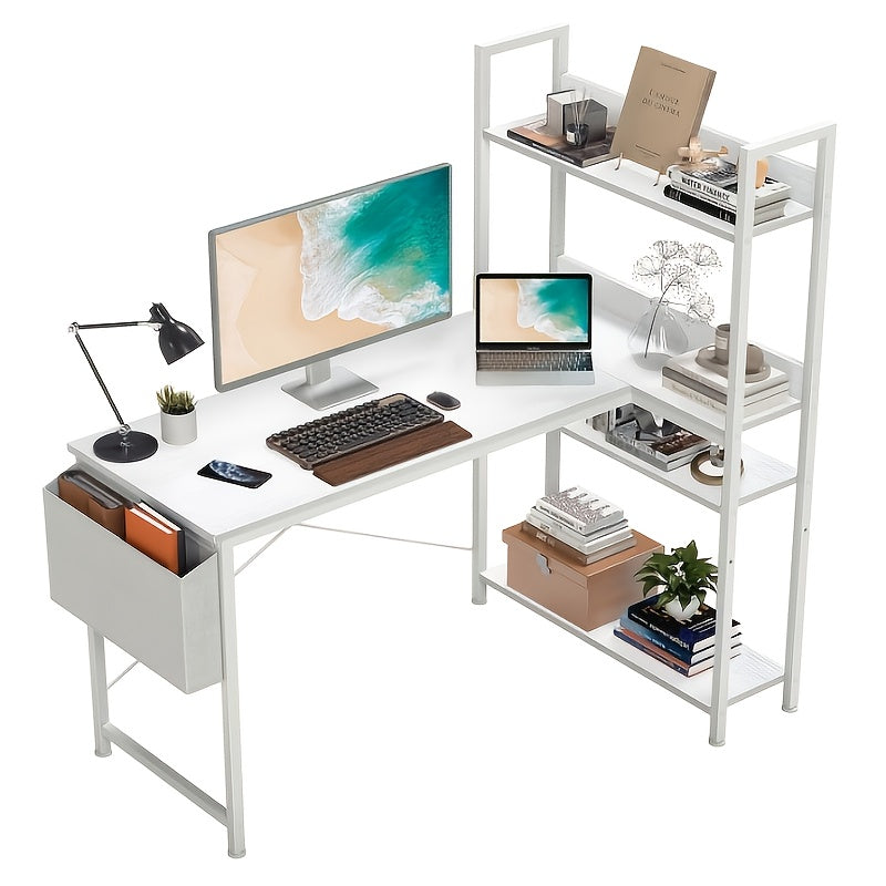 47 Inch Computer L Shaped Desk with Shelves | Reversible L-Shaped Corner Desks with Storage Monitor Stand