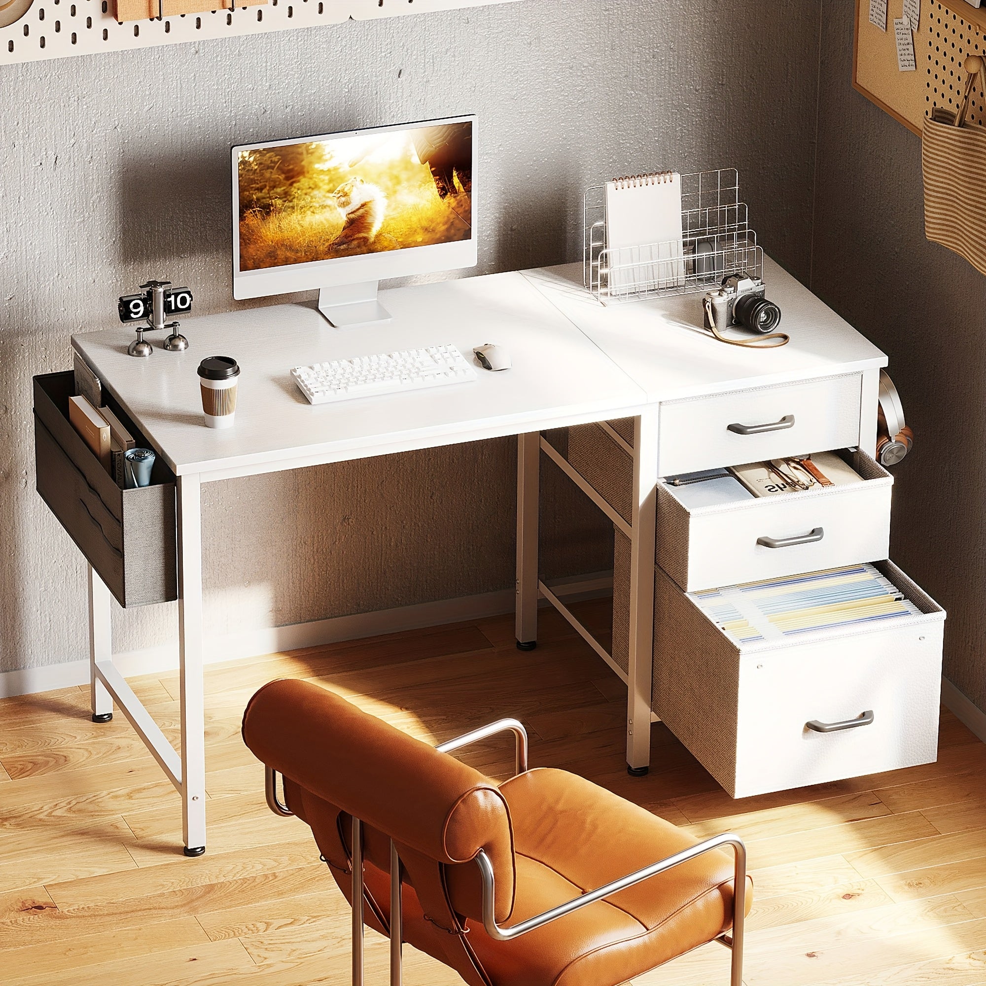 Compact Home Office Desk Featuring 3 Fabric Drawers And a Filing Cabinet