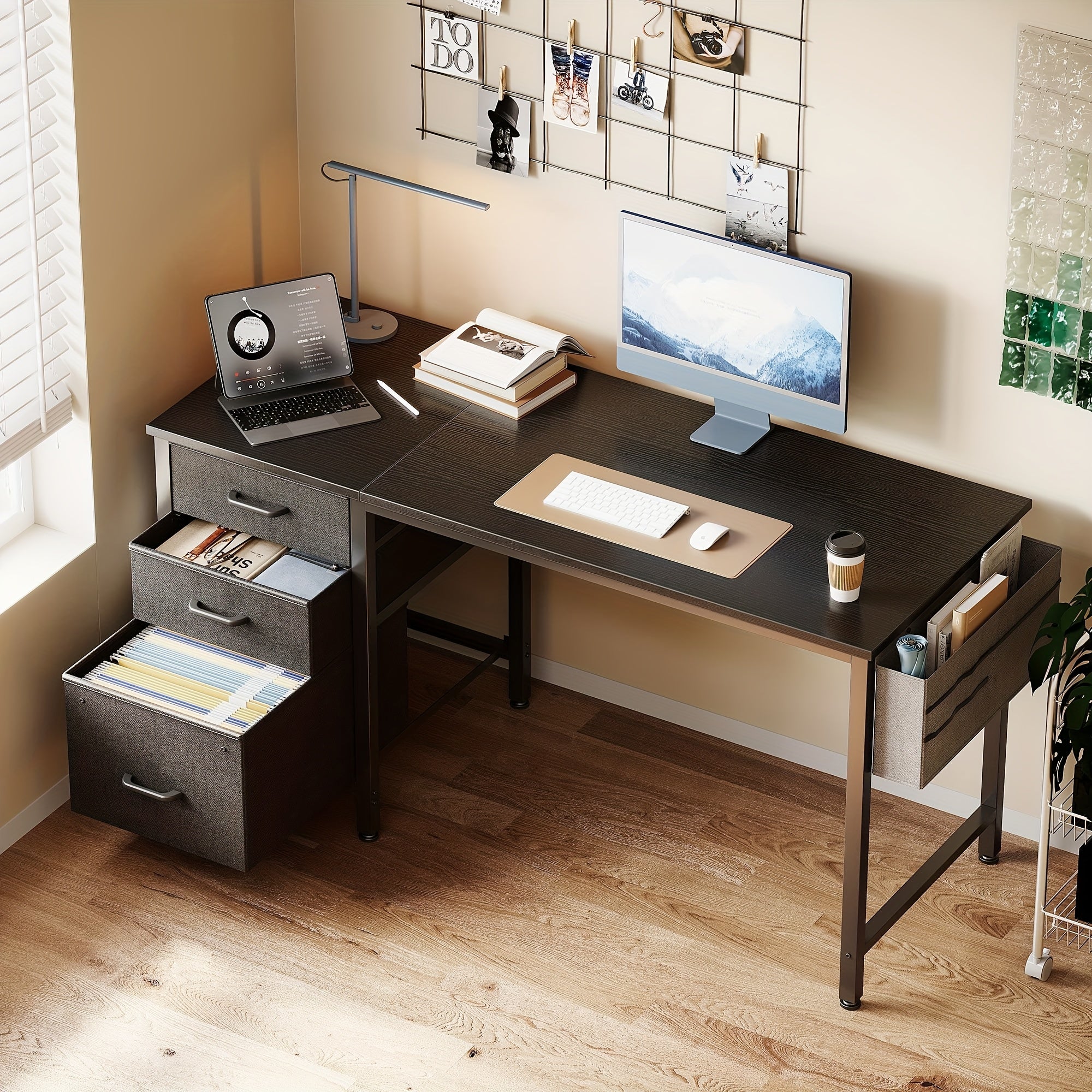 Compact Home Office Desk Featuring 3 Fabric Drawers And a Filing Cabinet