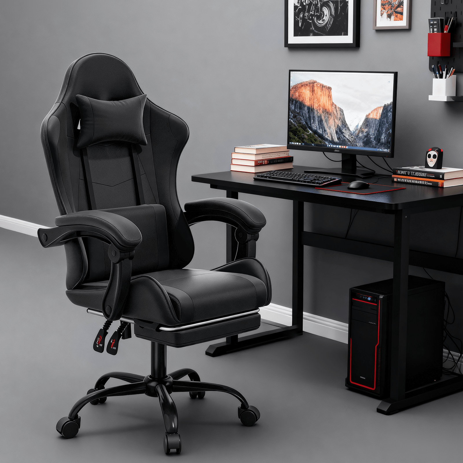 Ergonomic Gaming Chair with Retractable Footrest & Detachable Lumbar Support 360