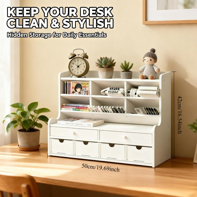 6-Tier Desktop Organizer with Tilting Pen Holder & Raised Bookshelf - Heavy-Duty PVC
