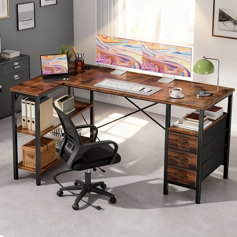 3 Cloth Drawer L-shaped Corner Desk with Power Supply Home Office  Industrial Style Table Multi-layer Storage Rack Space-saving Design