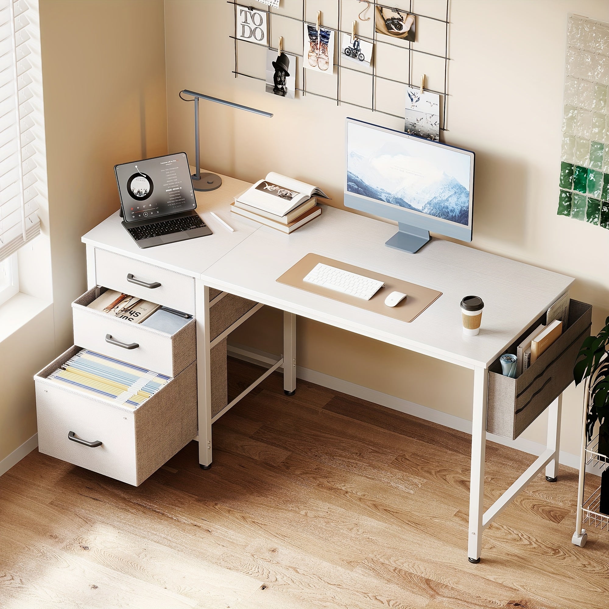 Compact Home Office Desk Featuring 3 Fabric Drawers And a Filing Cabinet